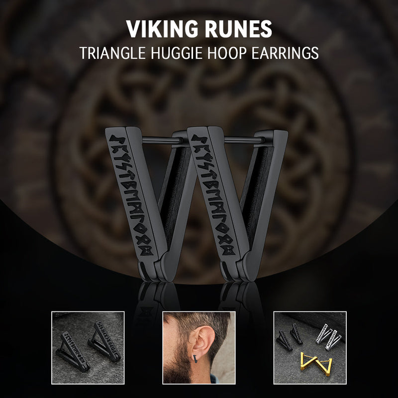 Triangle Huggie Hoop Earrings With Viking Runes for
