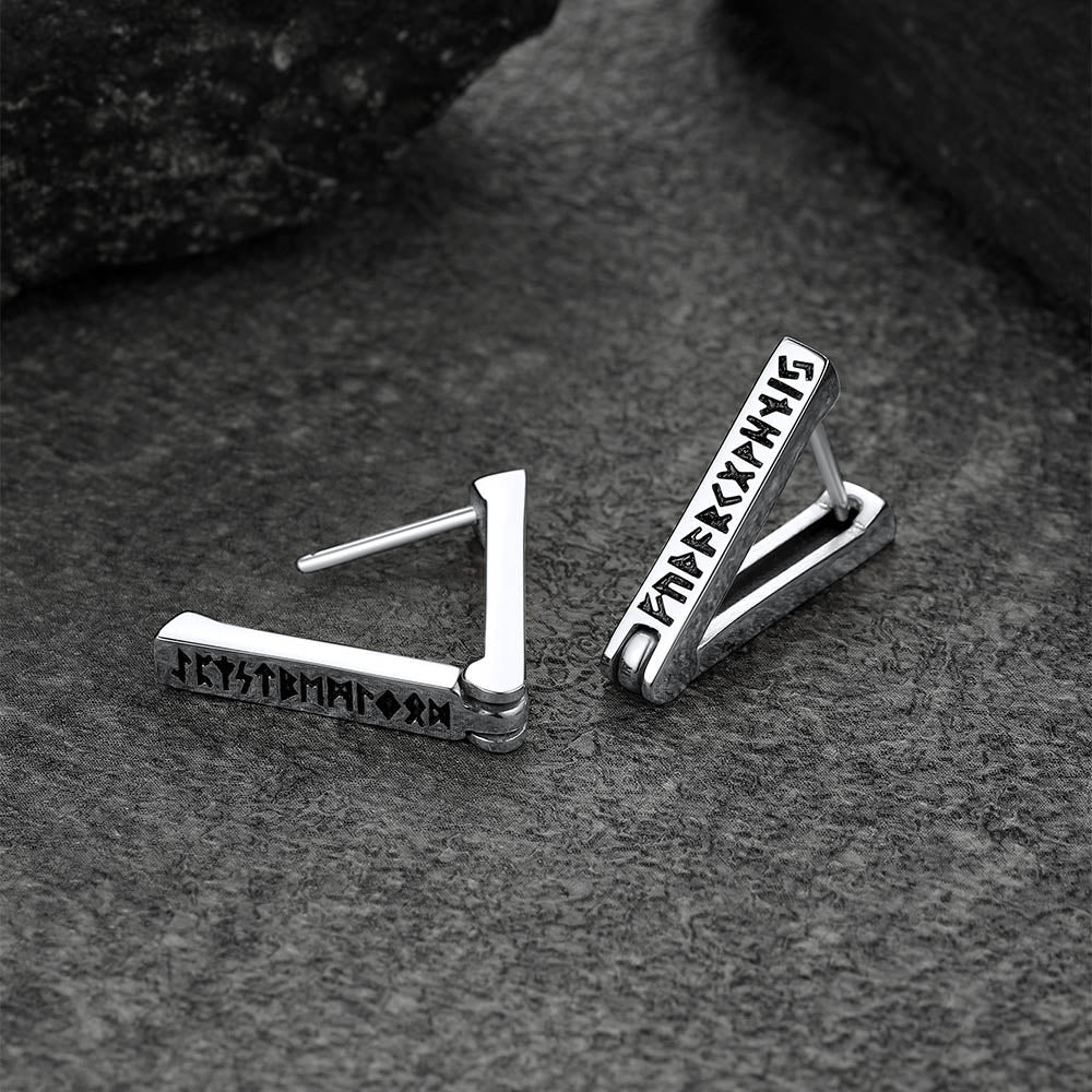 Triangle Huggie Hoop Earrings With Viking Runes for
