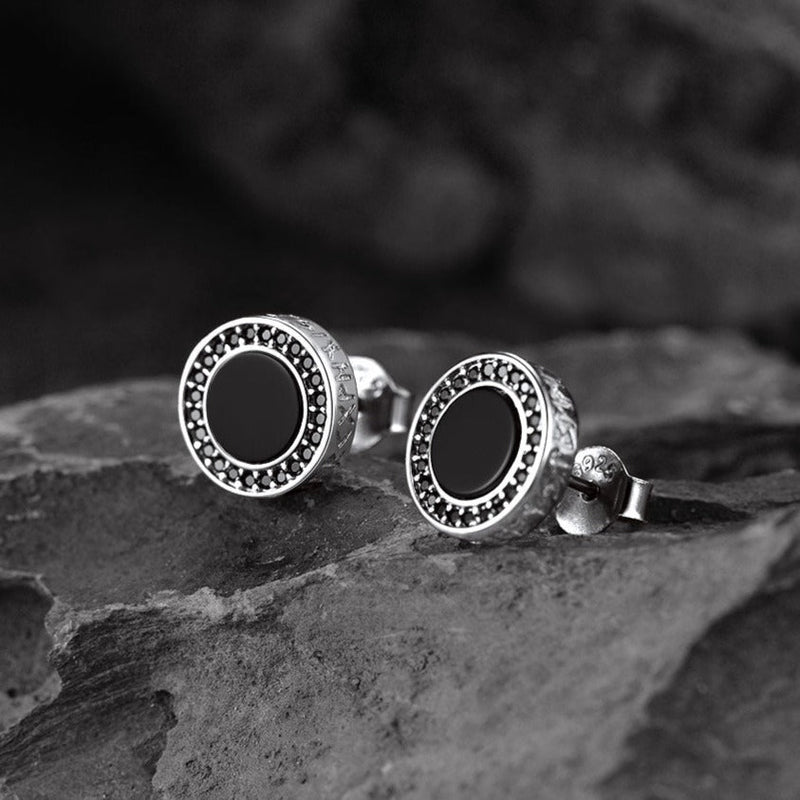 Viking Rune Black Onyx Stud Earrings in Sterling Silver for