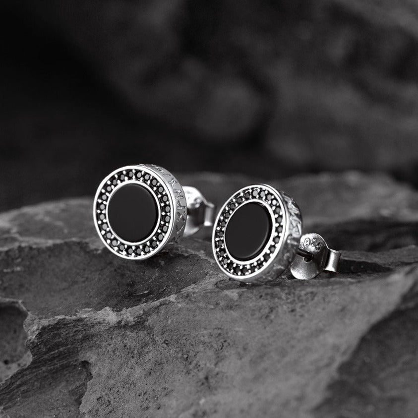Viking Rune Black Onyx Stud Earrings in Sterling Silver for