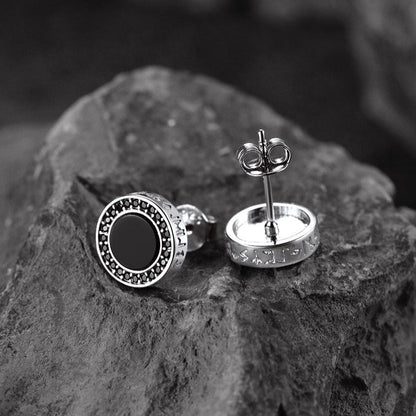 Viking Rune Black Onyx Stud Earrings in Sterling Silver for