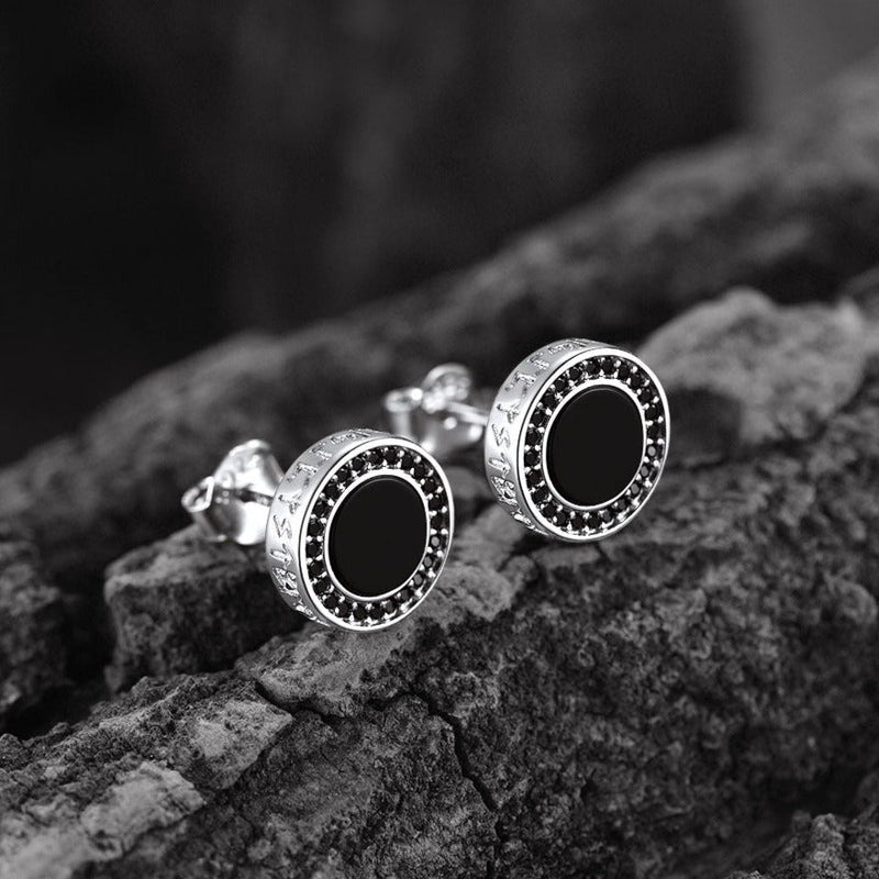 Viking Rune Black Onyx Stud Earrings in Sterling Silver for