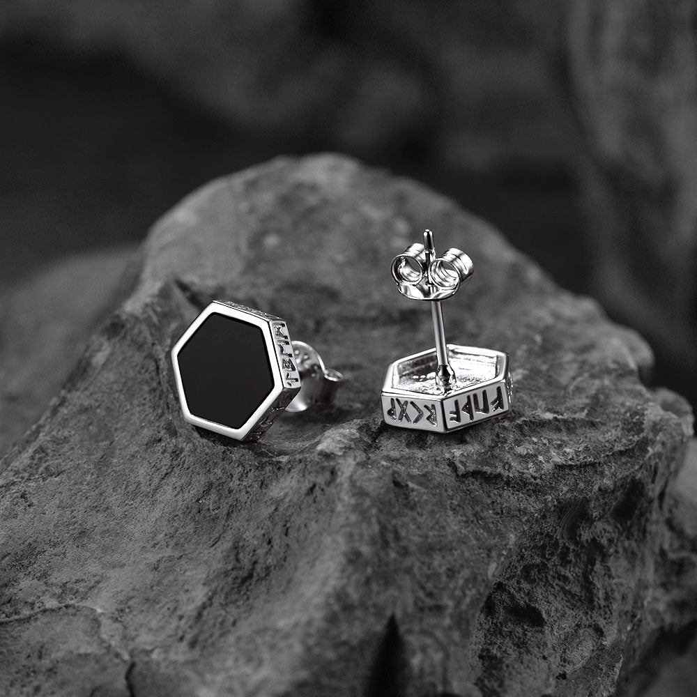 Hexagon Viking Rune Black Onyx Stud Earrings for