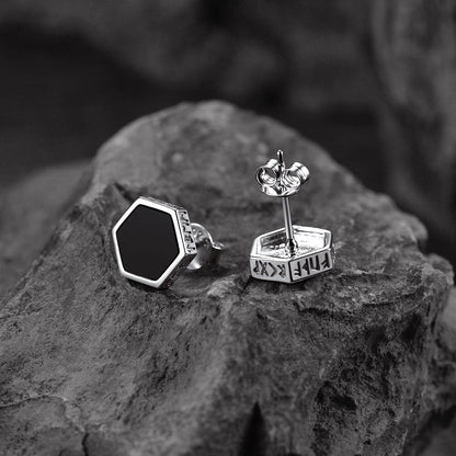 Hexagon Viking Rune Black Onyx Stud Earrings for