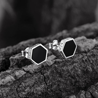 Hexagon Viking Rune Black Onyx Stud Earrings for