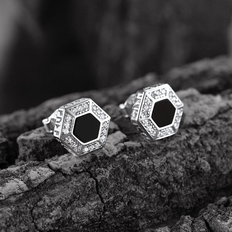 Viking Rune Hexagon Black Onyx Stud Earrings for