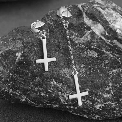 Sterling Silver Inverted Cross Dangling Stud Earrings for