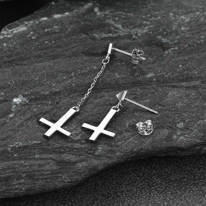 Sterling Silver Inverted Cross Dangling Stud Earrings for