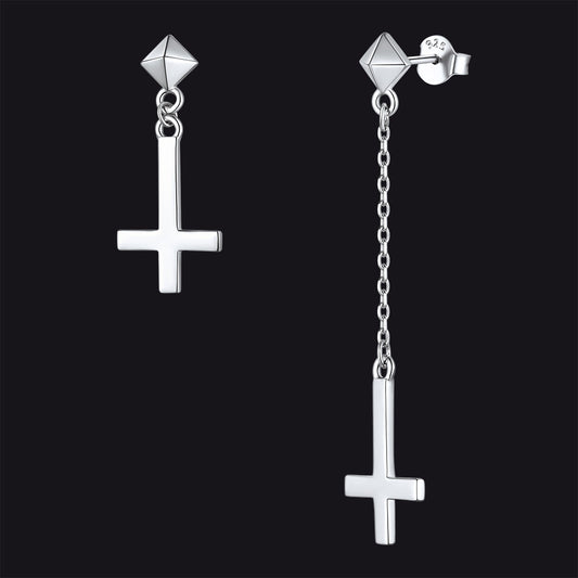 Sterling Silver Inverted Cross Dangling Stud Earrings for