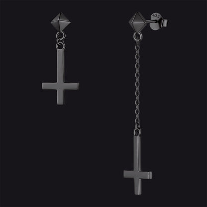 Sterling Silver Inverted Cross Dangling Stud Earrings for