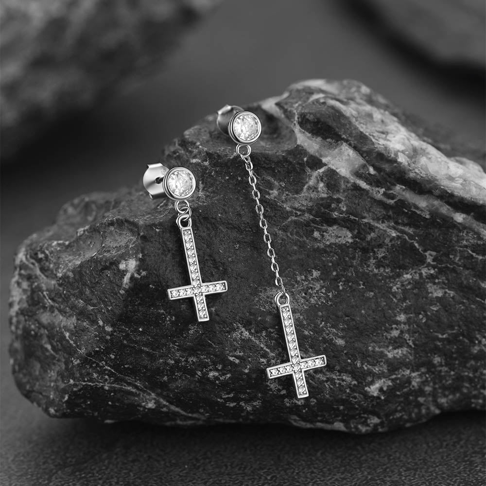 Sterling Silver Upside Down Cross Earrings With Diamond for