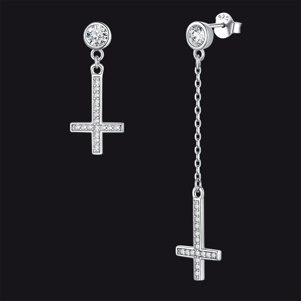 Sterling Silver Upside Down Cross Earrings With Diamond for