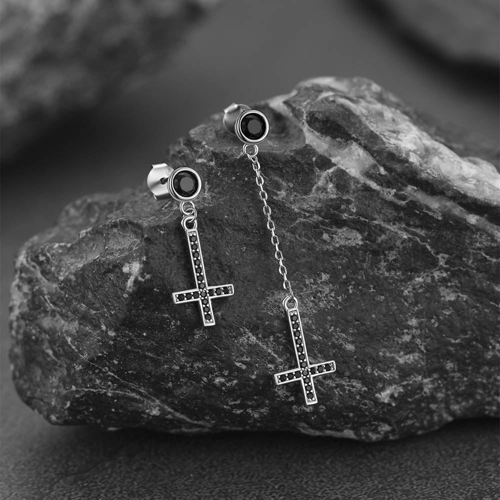 Sterling Silver Upside Down Cross Earrings With Diamond for