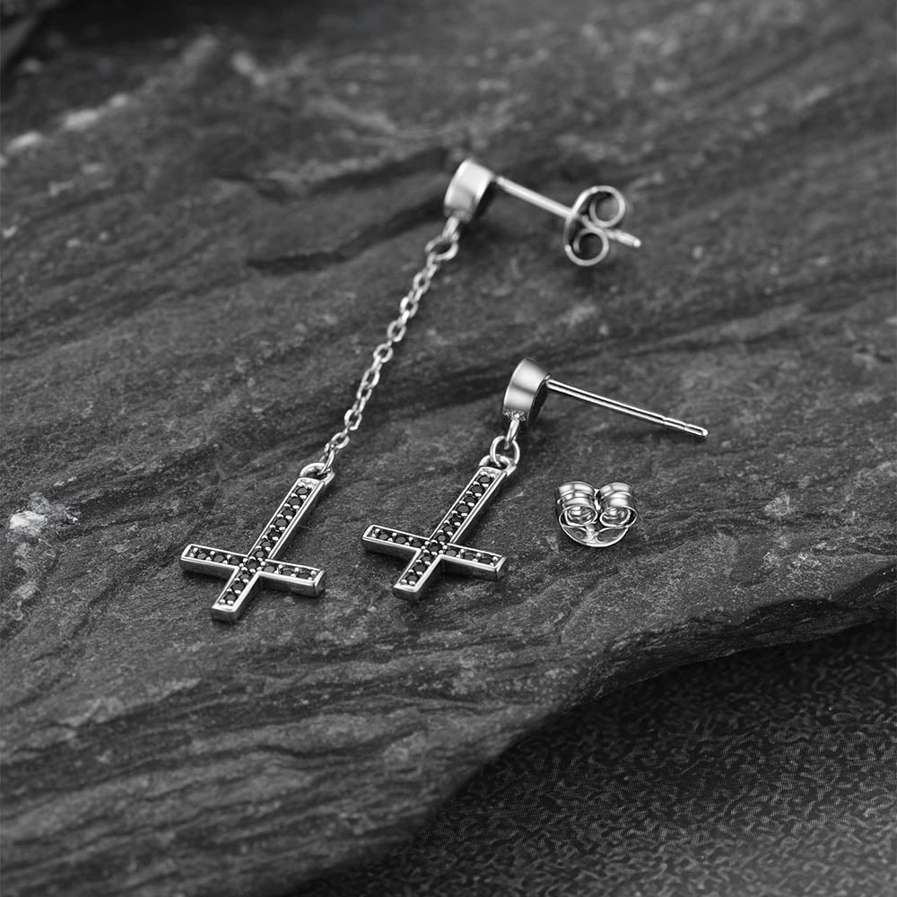 Sterling Silver Upside Down Cross Earrings With Diamond for