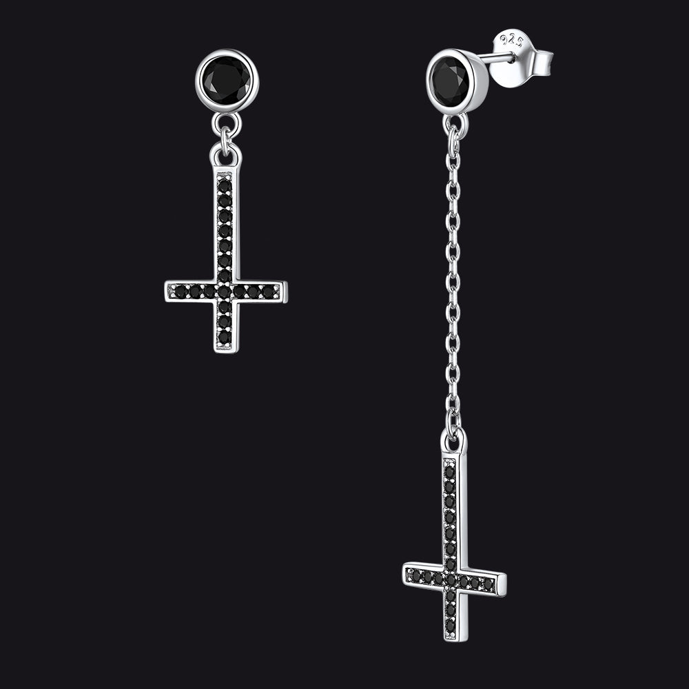 Sterling Silver Upside Down Cross Earrings With Diamond for