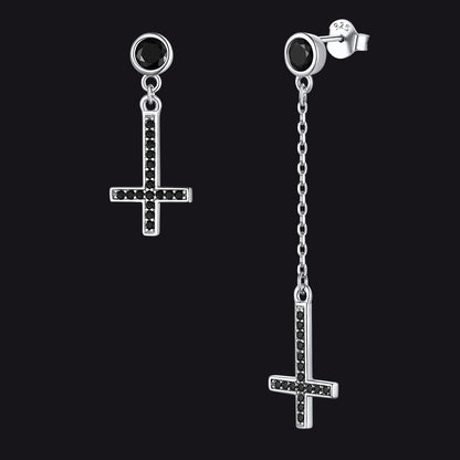 Sterling Silver Upside Down Cross Earrings With Diamond for