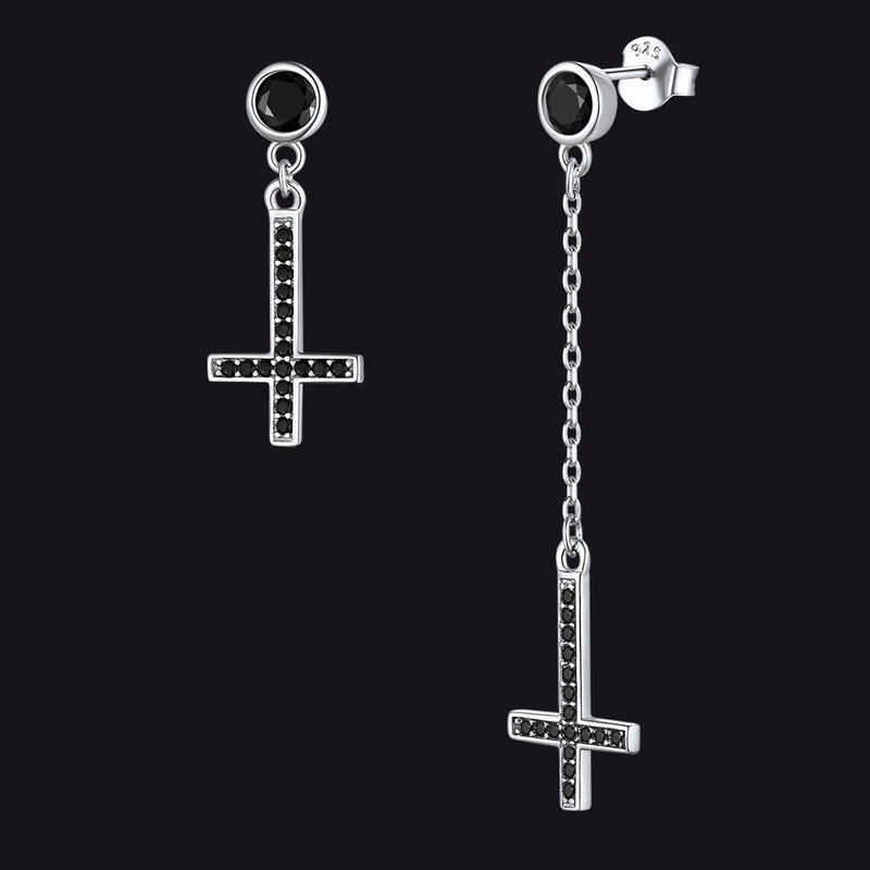 Sterling Silver Upside Down Cross Earrings With Diamond for