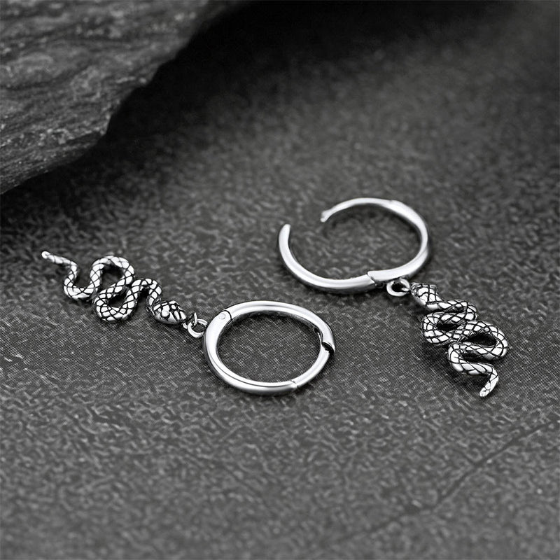 Sterling Silver Snake Dangle Hoop Earrings for