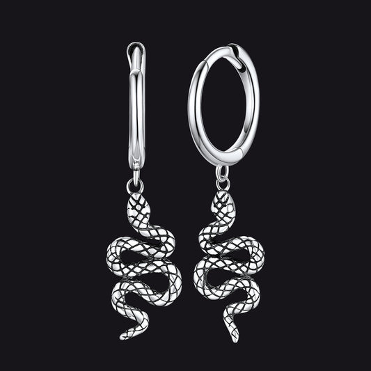 Sterling Silver Snake Dangle Hoop Earrings for