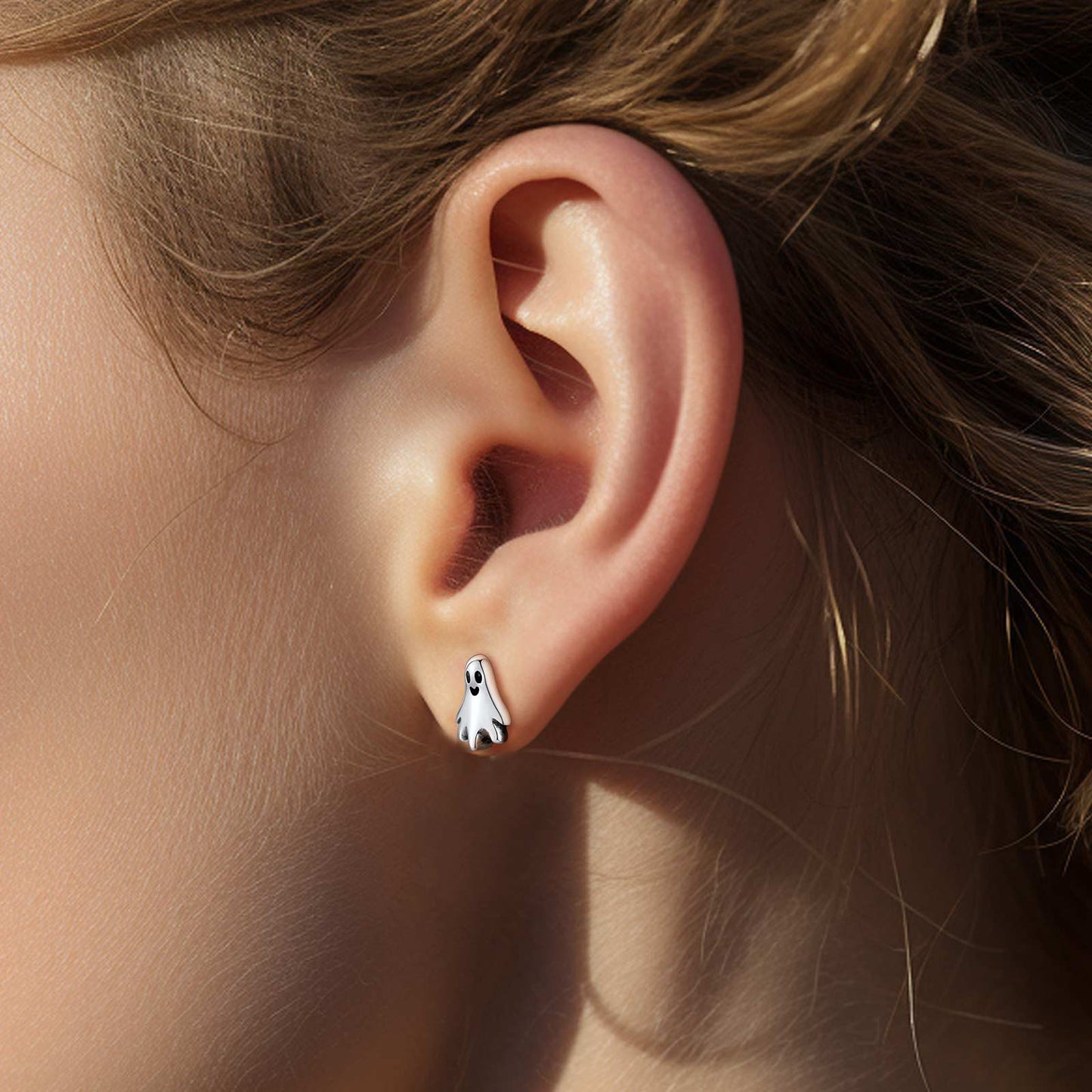 Halloween Silver Ghost Stud Earrings for