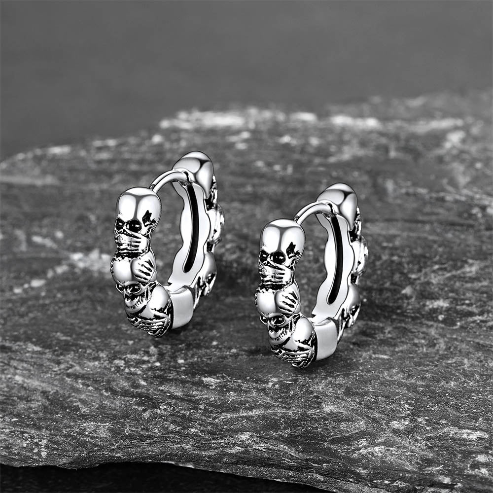 Sterling Silver Skulls Hoop Huugie Earrings for