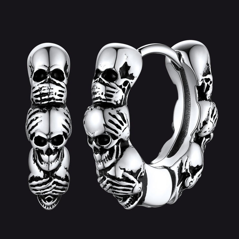 Sterling Silver Skulls Hoop Huugie Earrings for