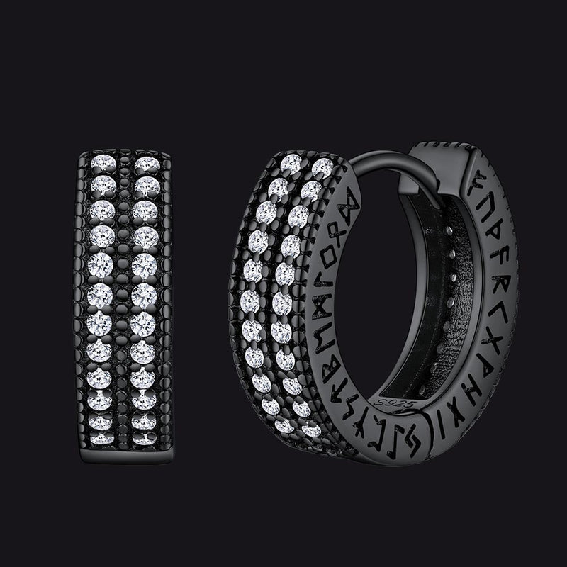 Sterling Silver Diamond Hoop Earrings With Viking Runes for