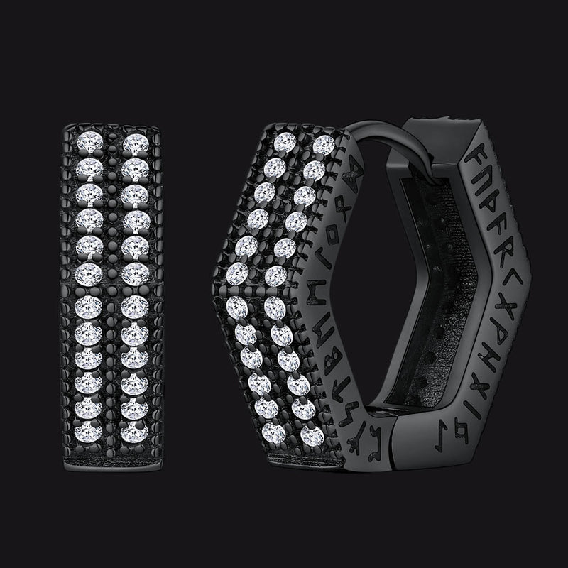 Hexagon Viking Diamond Hoop Earrings With Runes for