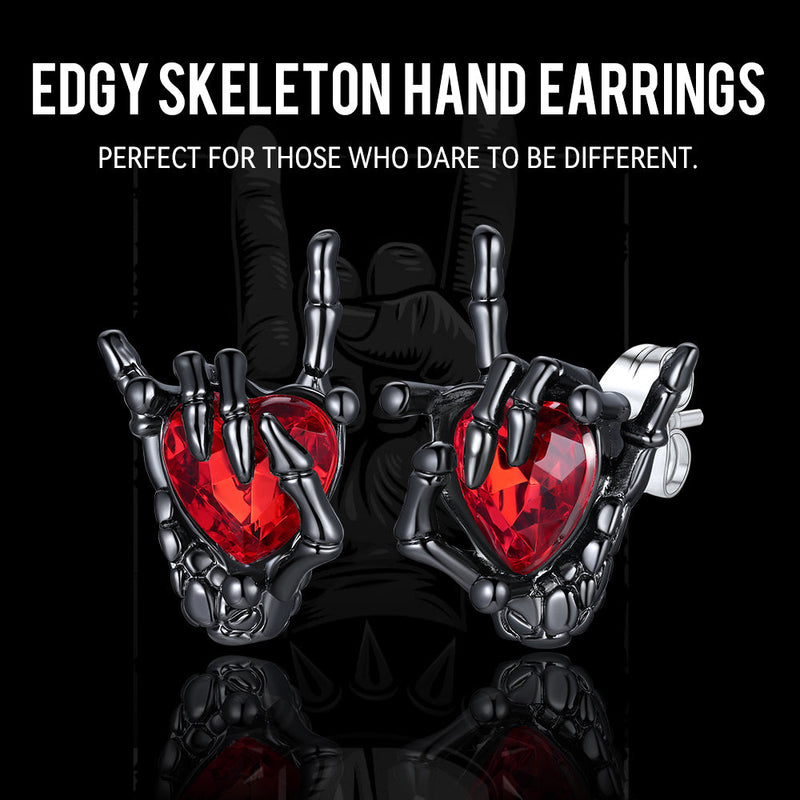 Black Skeleton Rock Hand Heart Ruby Stud Earrings for