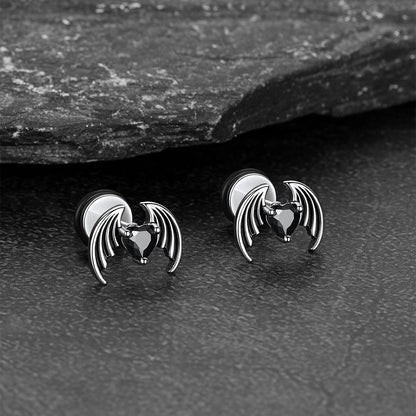 Black Cz Heart Devil Wings Stud Earrings in Stainless Steel