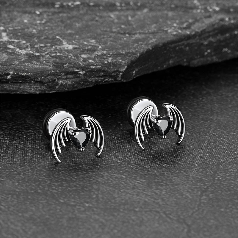 Black Cz Heart Devil Wings Stud Earrings in Stainless Steel