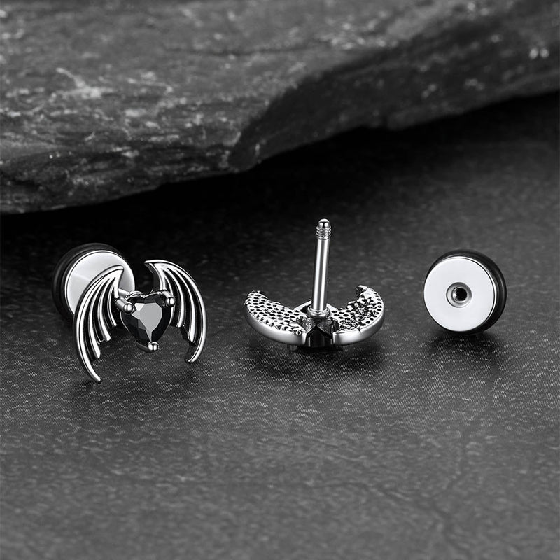 Black Cz Heart Devil Wings Stud Earrings in Stainless Steel
