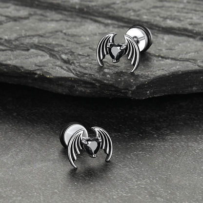 Black Cz Heart Devil Wings Stud Earrings in Stainless Steel