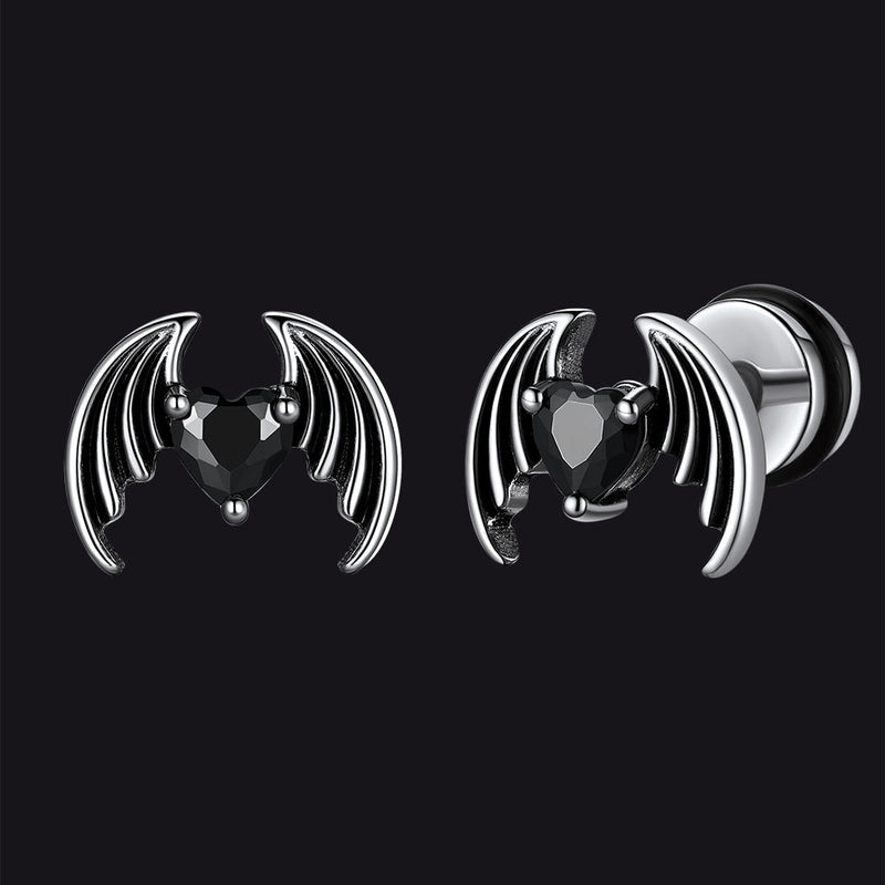 Black Cz Heart Devil Wings Stud Earrings in Stainless Steel