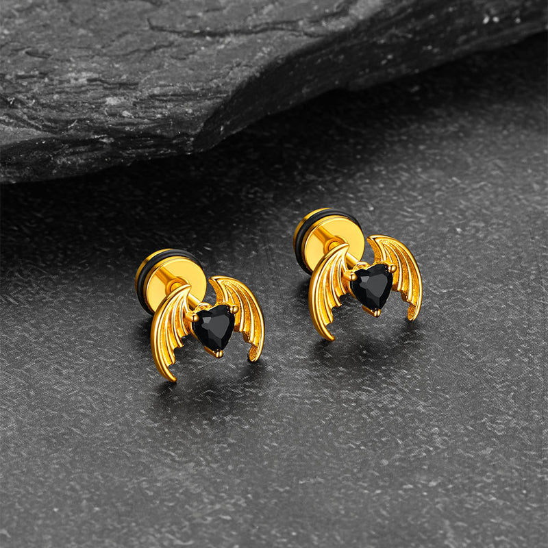 Black Cz Heart Devil Wings Stud Earrings in Stainless Steel