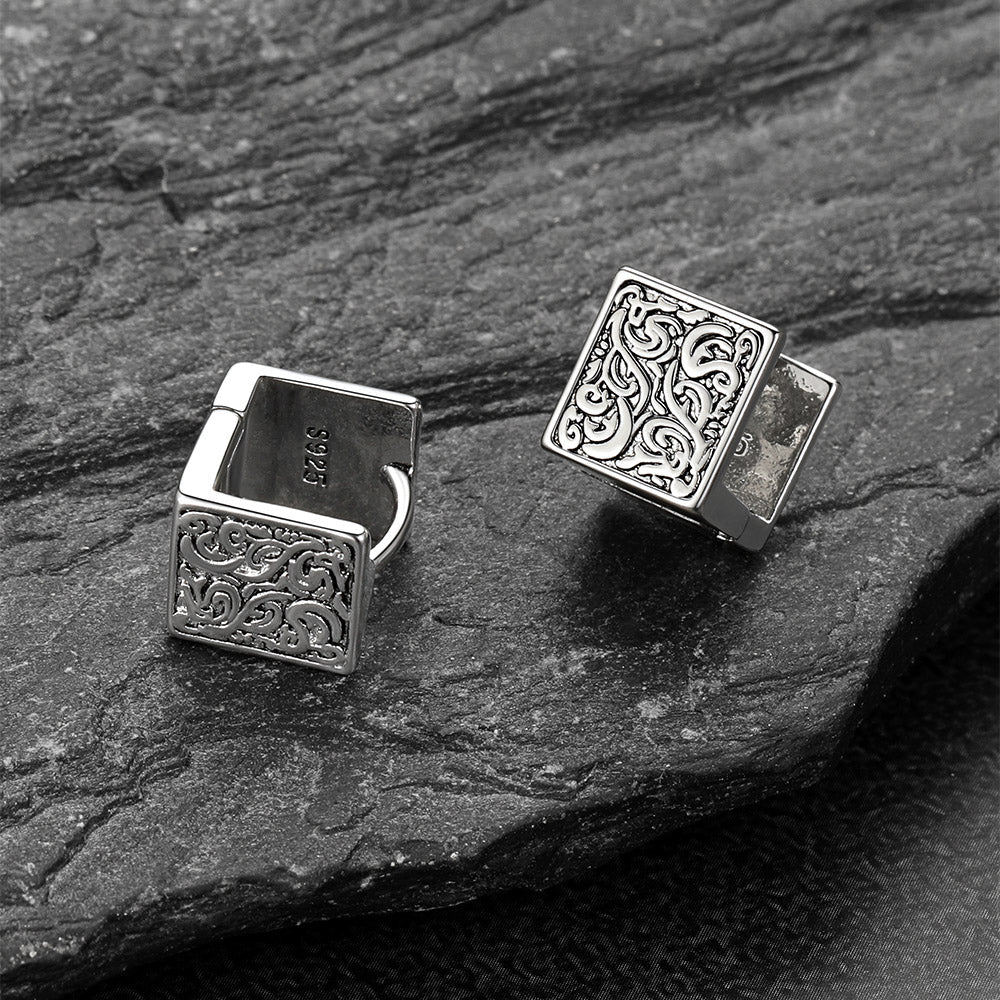 S925 Silver Tangcao Flower Square Earrings Antique for