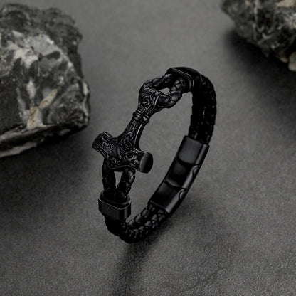 Viking Thor's Hammer Mjolnir Braided Leather Bracelet Gift for