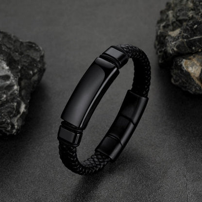Custom Braided Black Engraved Leather Bracelet Cuff for