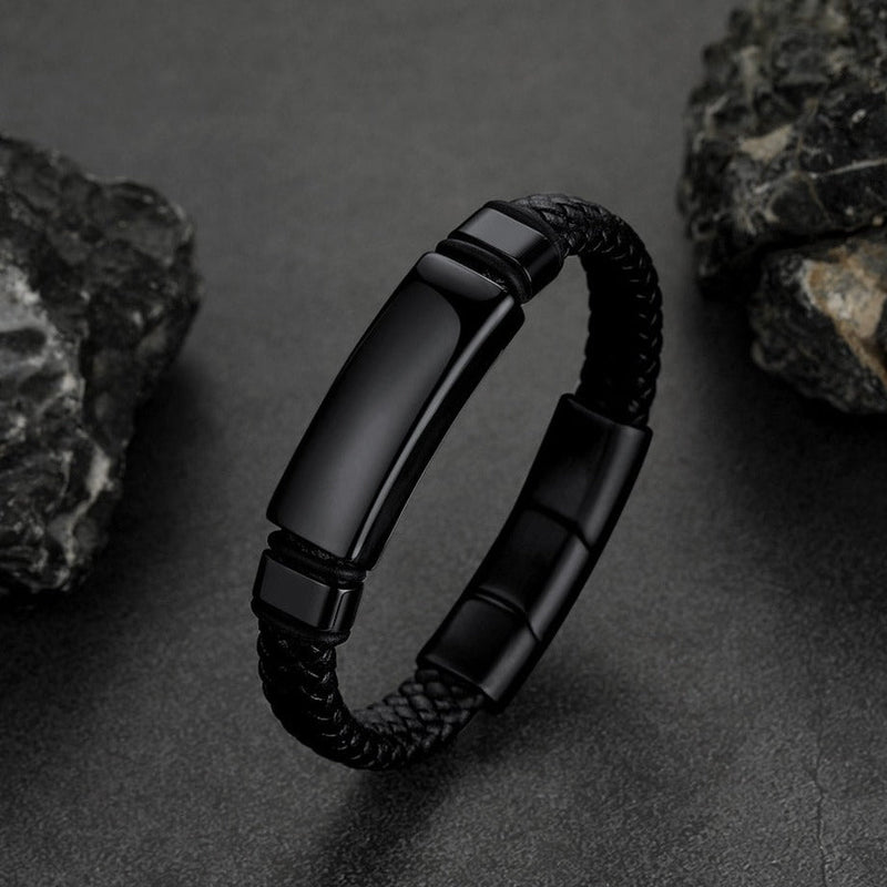 Custom Braided Black Engraved Leather Bracelet Cuff for