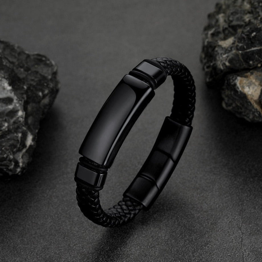Custom Braided Black Leather Bracelet Birthday Gift for