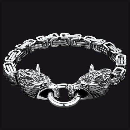 Viking Wolf Head Chain Bracelet Cuff Bangle Gift for
