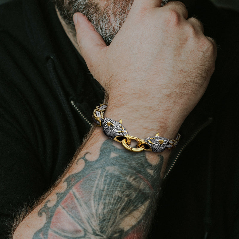 Viking Wolf Head Chain Bracelet Cuff Bangle Gift for