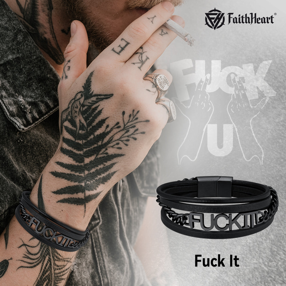 F*ck It Steel Chain Leather Bracelet for