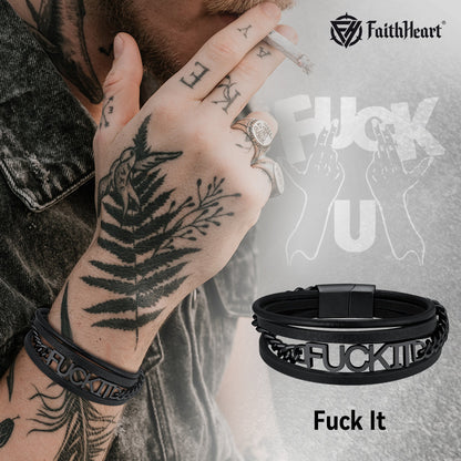 F*ck It Steel Chain Leather Bracelet for