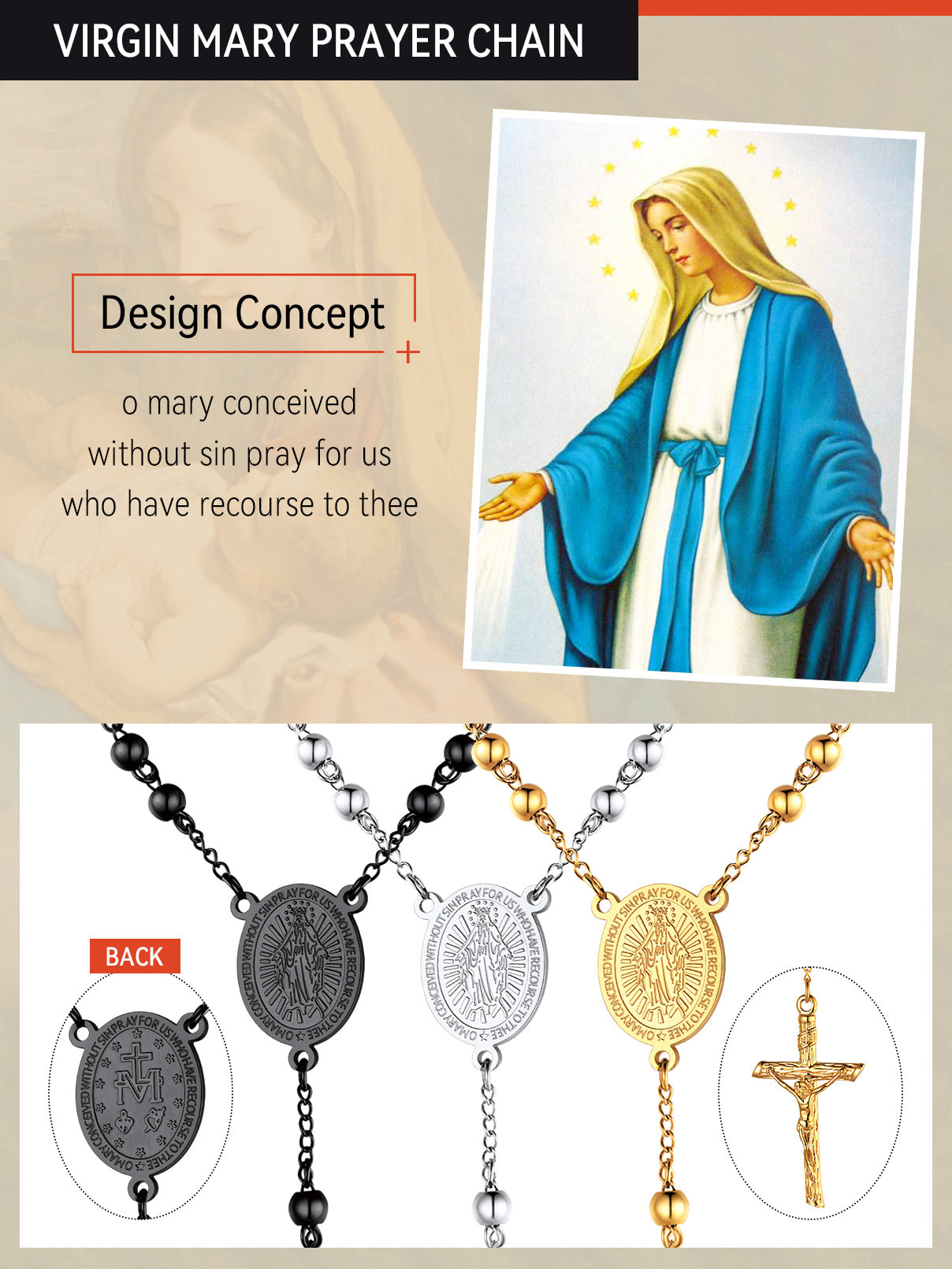 Catholic Virgin Mary Rosary Beads Cross Necklace Chain for