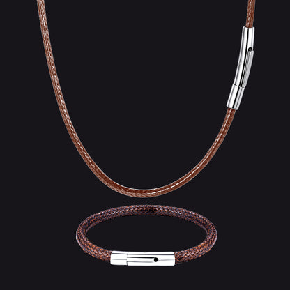3mm Braided Leather Cord Chain Rope Necklace & Bracelet Set for