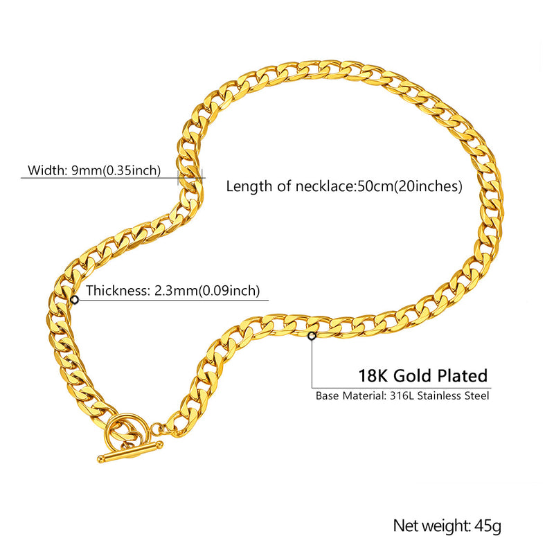 9mm Width Gold Plated Cuban Chain Necklace With T-clasp