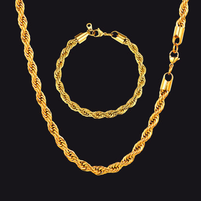 6mm Twisted Rope Link Chain & Rope Bracelet Bundle Set for