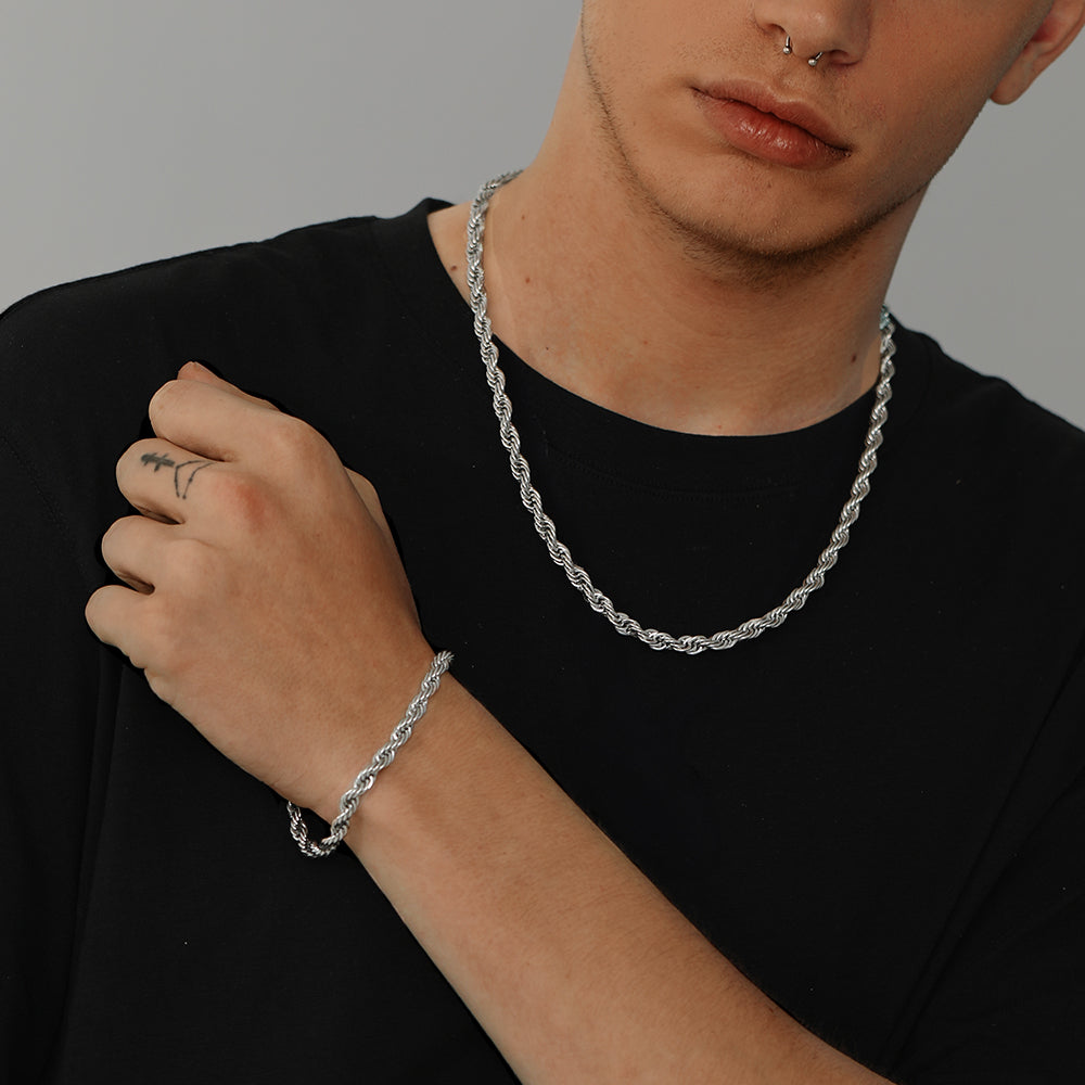 6mm Twisted Rope Link Chain & Rope Bracelet Bundle Set for