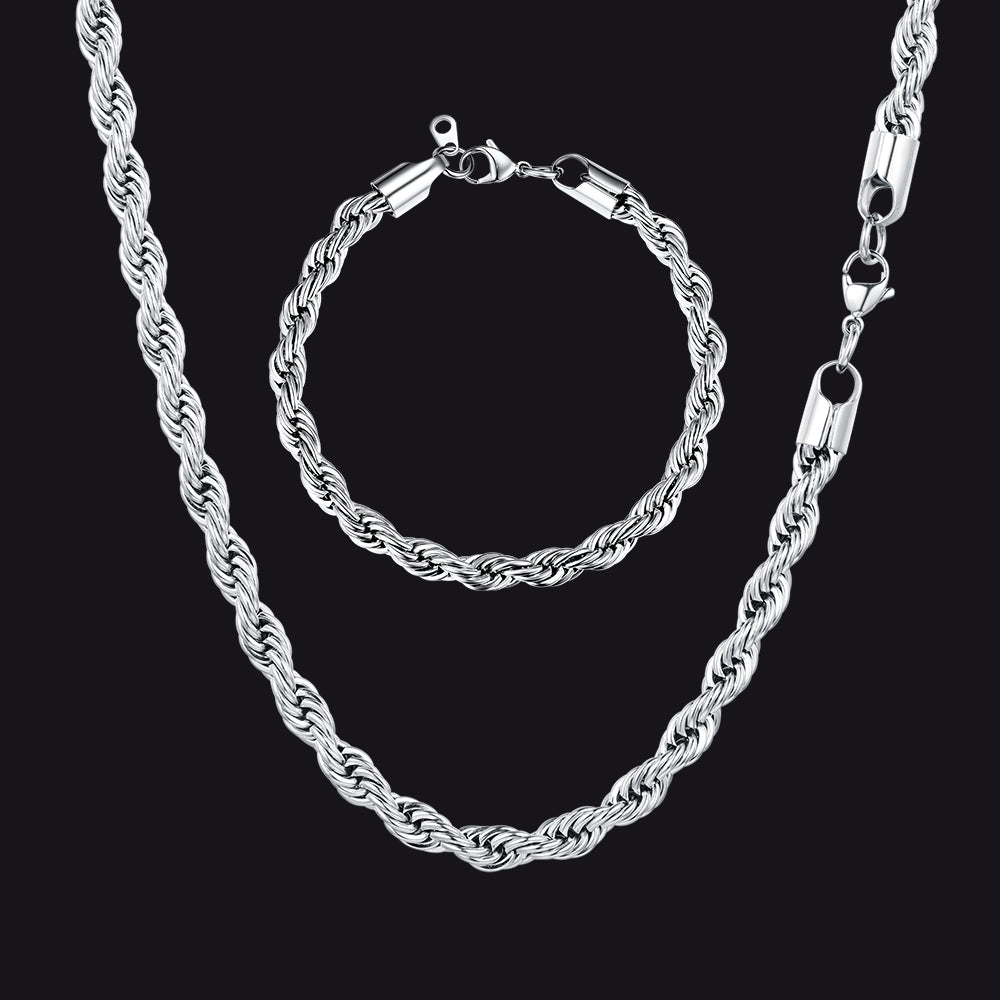 6mm Twisted Rope Link Chain & Rope Bracelet Bundle Set for